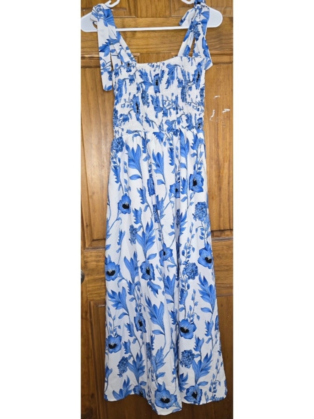 Blue Floral Tie-Shoulder Sundress - White & Blue